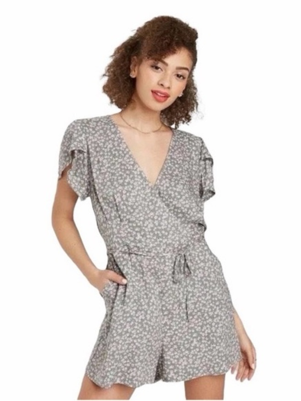 Floral Wrap Romper in Sage Green